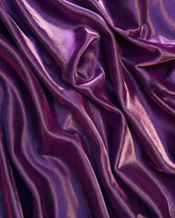 A close-up view of luxurious purple satin fabric with elegant folds and textures.