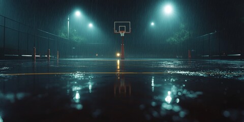 A basketball court is lit up at night with a rainstorm in the background