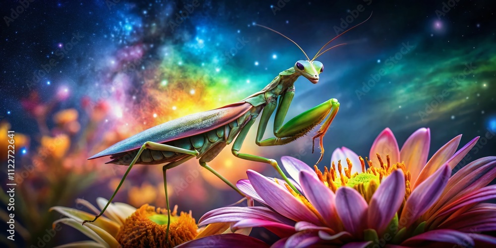 Poster a cosmic encounter: a high-depth of field image showcasing a praying mantis alien in a lush, otherwo