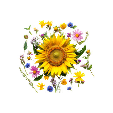 recommend clip art: Floral Arrangement with Sunflowers and Wildflowers on Transparent Background - Generated AI