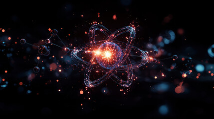 Obraz premium High detail visualization of atomic nuclei emitting radiant energy, showcasing vibrant particles and dynamic movement in dark background