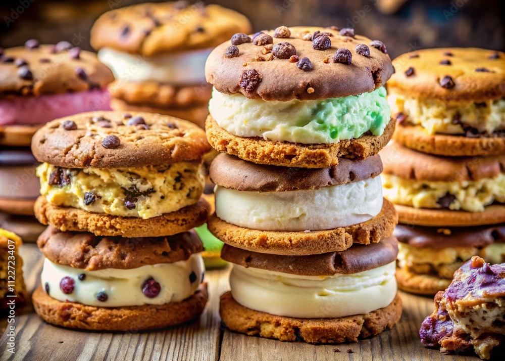 Poster a delectable array of colorful ice cream sandwiches surrounded by unique cookie varieties and creamy