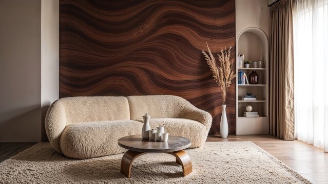 Generative AI,Contemporary living room with a beige boucle sofa, carved walnut wave wall, and organic modern decor