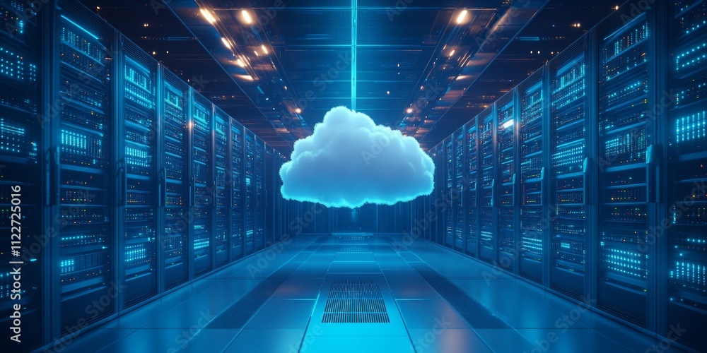 Poster a computer server room with a large blue cloud in the middle