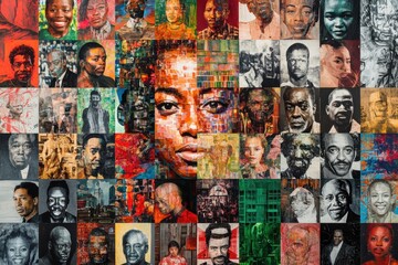 Fototapeta premium Colorful mosaic showcasing a variety of portraits honoring black history and culture and celebrating individuals' impact on society in different spheres