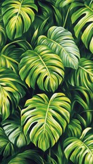 A vibrant illustration of lush green leaves, creating a tropical and natural aesthetic.
