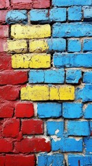 Fototapeta premium A vibrant brick wall painted in red, yellow, and blue, showcasing artistic expression.