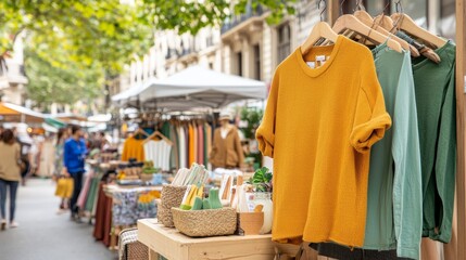 Explore a vibrant outdoor market celebrating sustainable fashion trends