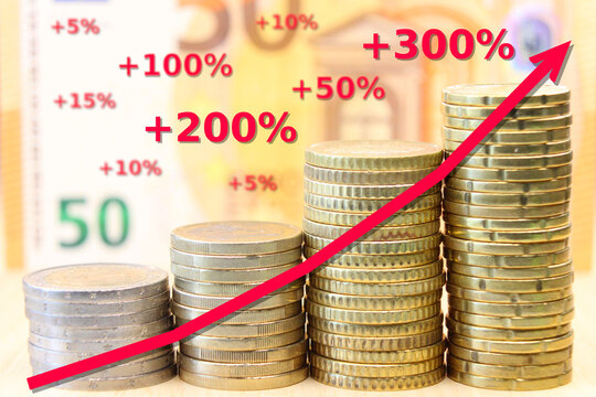 Linear financial graph of capital growth, investment returns. In the foreground, stacks of coins in ascending order. In the background, a 50 euro note, with randomly placed different percentage values