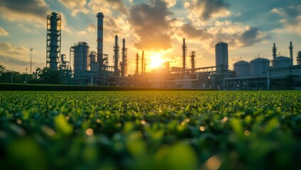 A large industrial plant with a sunset in the background