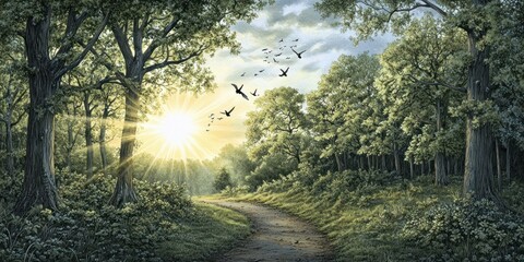 A serene forest scene with sunlight filtering through trees and birds in flight.