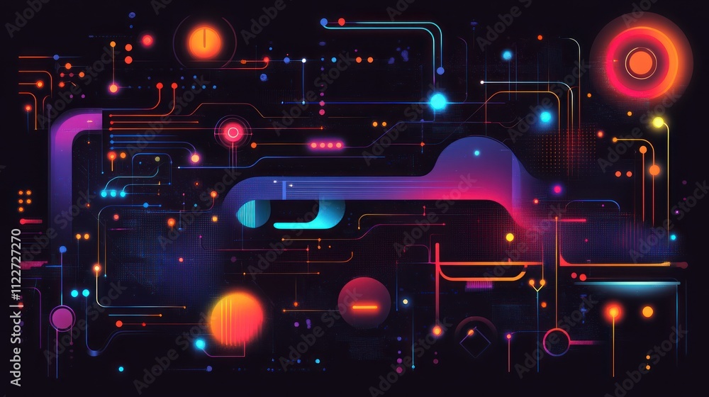 Poster futuristic communication flow concept with vibrant patterns and seamless transitions.