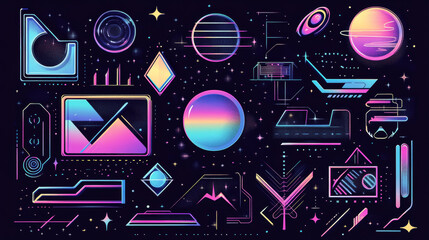 Vintage stickers, frames and geometric brutalism shape graphic design in y2k style. Set of abstract vector elements and symbols isolated on black background. Retro neon figure, labels and objects.