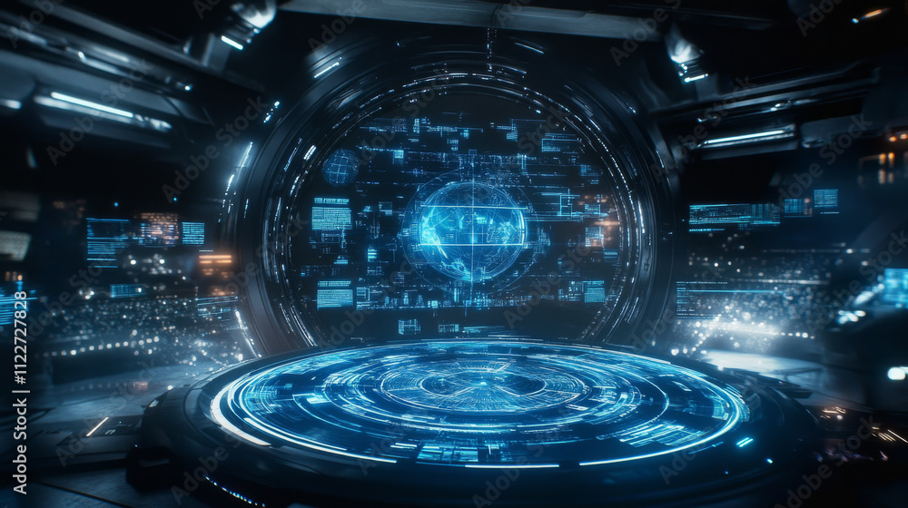 Poster futuristic illustration of a globe image with lines and intersections, blue color. interface and hol
