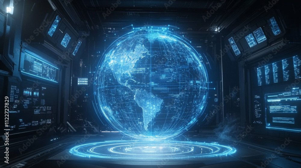 Poster futuristic illustration of a globe image with lines and intersections, blue color. interface and hol