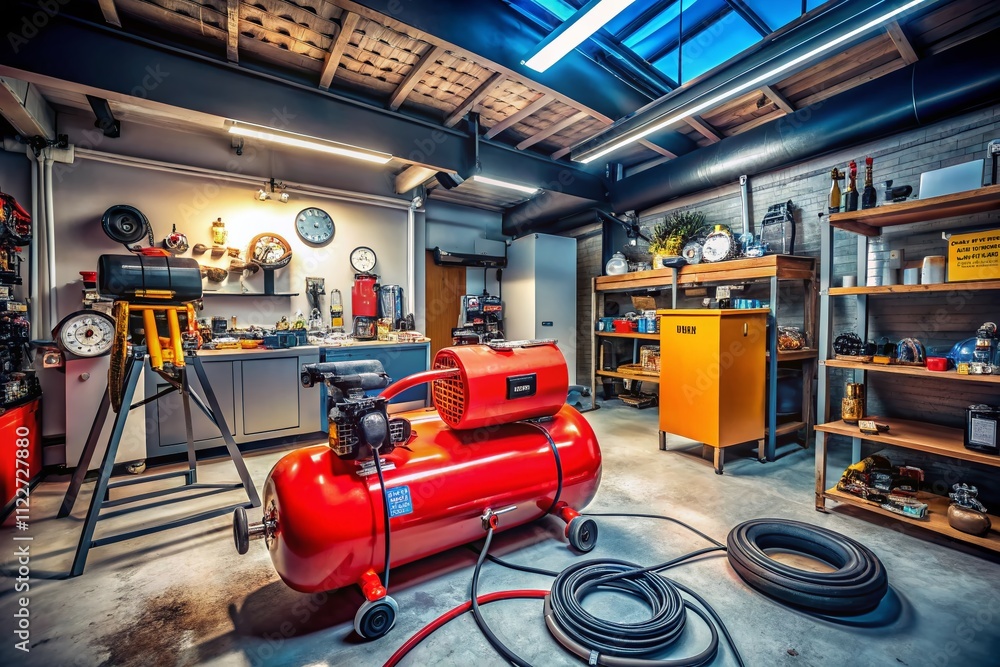 Poster aerial view of a powerful air compressor in a modern garage with tools and machinery showcasing effi