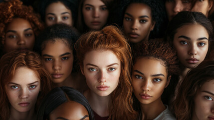 Obraz premium Women, faces or diversity on studio background in empowerment trust, solidarity support or community self love. Portrait, smile or group beauty models, happy facial expression or religion acceptance