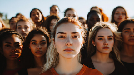 Obraz premium Women, faces or diversity on studio background in empowerment trust, solidarity support or community self love. Portrait, smile or group beauty models, happy facial expression or religion acceptance