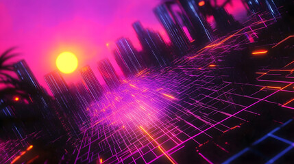 Obraz premium 80's, 90's neon grid background with night and sunset images, vintage cyberpunk illustration, retro synthwave neon landscape.