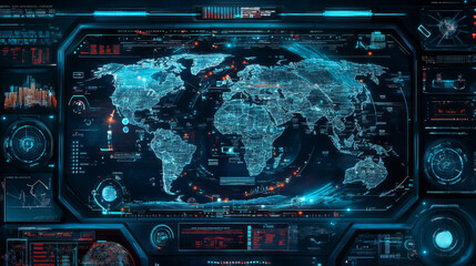 Fototapeta premium Earth Globe hologram with HUD, UI, GUI interface. Futuristic World Map command center. 3D World map in cyberspace. Scan of the globe, sky-fi elements. Military interface. Vector illustration