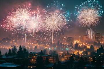 Naklejka premium Crowd Gathered in Front of Illuminated Clock Tower Building During Colorful Fireworks Display