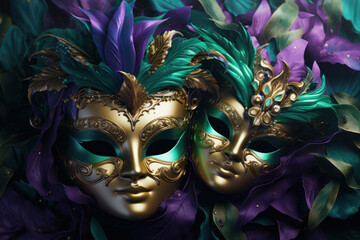 Happy Mardi Gras. Venetian or carnival masks, beads and ornaments in gold, purple and green colors, a pattern for a background or a greeting card. 