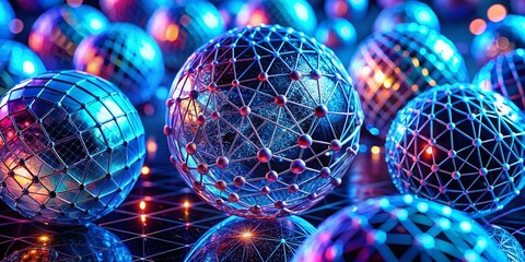 Cyberpunk Wireframe Spheres - Neon Blue Geometric Abstract