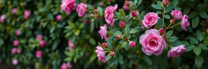 Obraz premium fuchsia bush roses against a lush green background, outdoor scenery, foliage patterns, blooming flowers