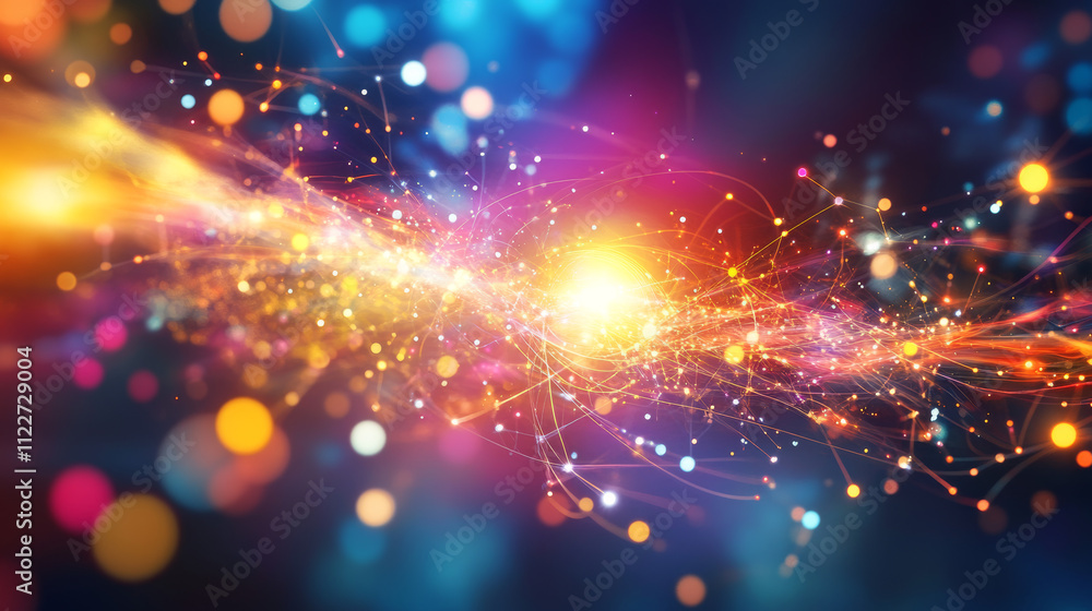 Poster spectacular colored illustration with particles and rays. background design abstract forms and plane
