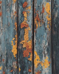 Obraz premium Weathered wooden planks with orange and blue textures, showcasing decay and natural beauty.