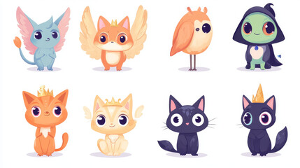 Obraz premium Round animal character game avatars design. Set of cute borders with fantasy cat tail, fox ears, frog eyes, magic pony crown, angel wings, witch hat and broomstick decor. Cartoon vector illustration