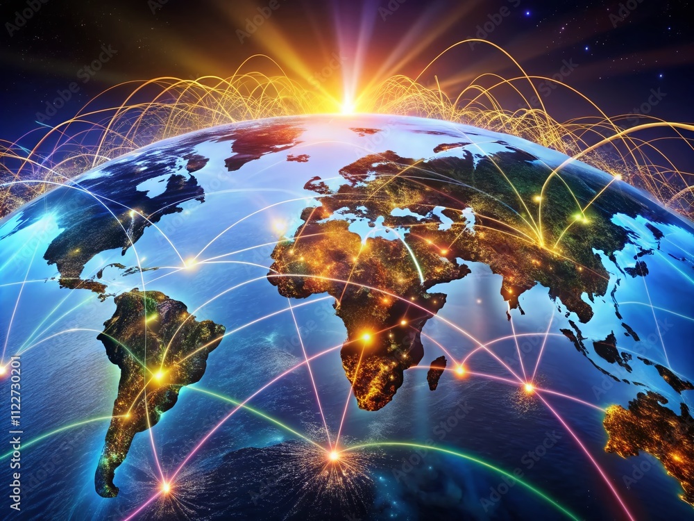 Poster aerial view of a world map overlaid with a global communication network, showcasing digital connecti