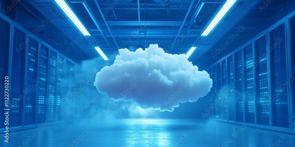 Poster a computer server room with a large blue cloud in the middle