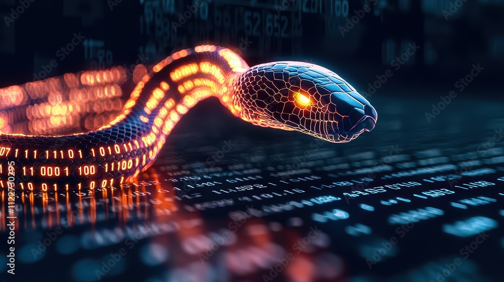 Poster year of snake chinese zodiac concept, glowing digital snake slithering through binary code in a futu