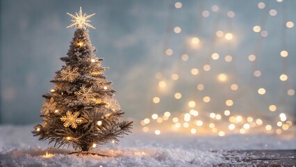 Glittering bokeh Christmas tree with sparkling snowflakes and shimmering lights, radiant shine, sparkling snowflakes, glittering decor, wintry ambiance