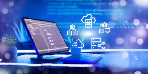 Programming code abstract screen of software developer. Coding script text on screen.