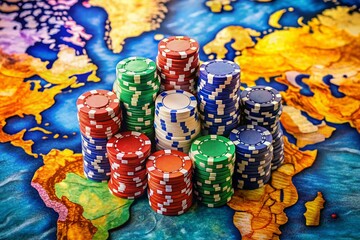 Naklejka premium Aerial View of Colorful Casino Chips on a World Map Representing Big Wins in Online Poker at a Global Scale for a Captivating Gaming Experience