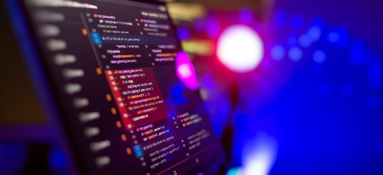 Monitor closeup of function source code. Abstract IT technology background. Software source code.