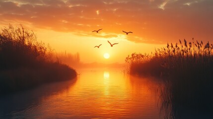 Serene Sunrise Over Calm Water with Flying Birds and Gentle Mist Amidst Lush Vegetation and Soft Clouds in the Sky, Capturing Nature's Tranquility and Beauty