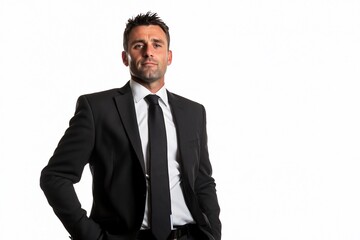 A confident man in a suit poses against a white background.