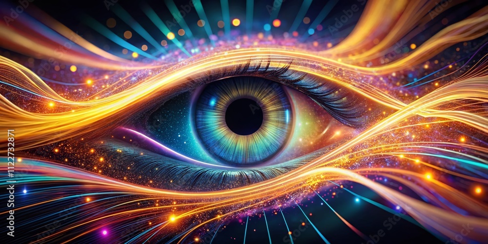 Poster aerial view of flowing wavy particles and trails forming an eye iris with radiant rays in a hypnotic