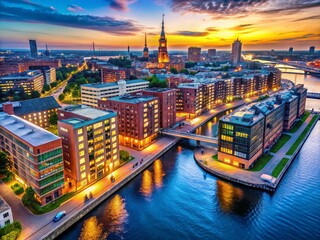 Naklejka premium Aerial View of HafenCity in Hamburg, Germany with Expansive Waterways and Modern Architecture, Capturing the Essence of Urban Development and Coastal Beauty