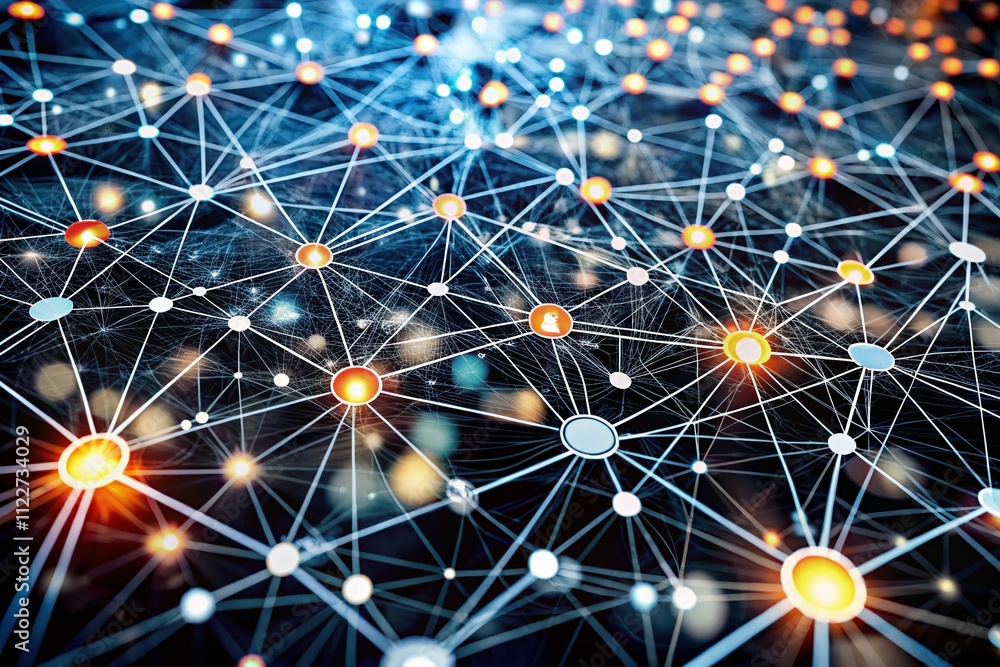 Poster aerial view of interconnected dots on a black and white background, representing digital connections