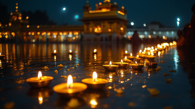 Golden Temple Festival at night, lamps and candles illuminate the path to the temple, the dark sky is decorated with stars, Ai generated images