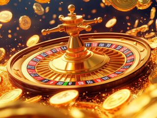 A large gold roulette wheel surrounded by gold poker cards and slot machine symbols. AI generative.
