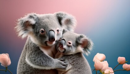 Fototapeta premium Animal tender, romantic love, pastel background. Baby koalas hug and cuddle. Valentine's Day in the animal world