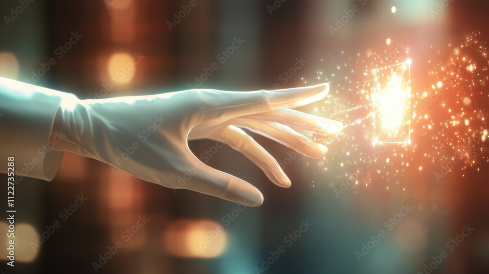 Poster white humanoid hand on blurred background using digital artificial intelligence icon hologram 3d ren