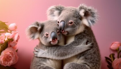 Obraz premium Animal tender, romantic love, pastel background. Baby koalas hug and cuddle. Valentine's Day in the animal world