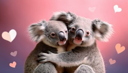 Obraz premium Animal tender, romantic love, pastel background. Baby koalas hug and cuddle. Valentine's Day in the animal world