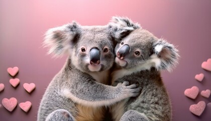 Fototapeta premium Animal tender, romantic love, pastel background. Baby koalas hug and cuddle. Valentine's Day in the animal world